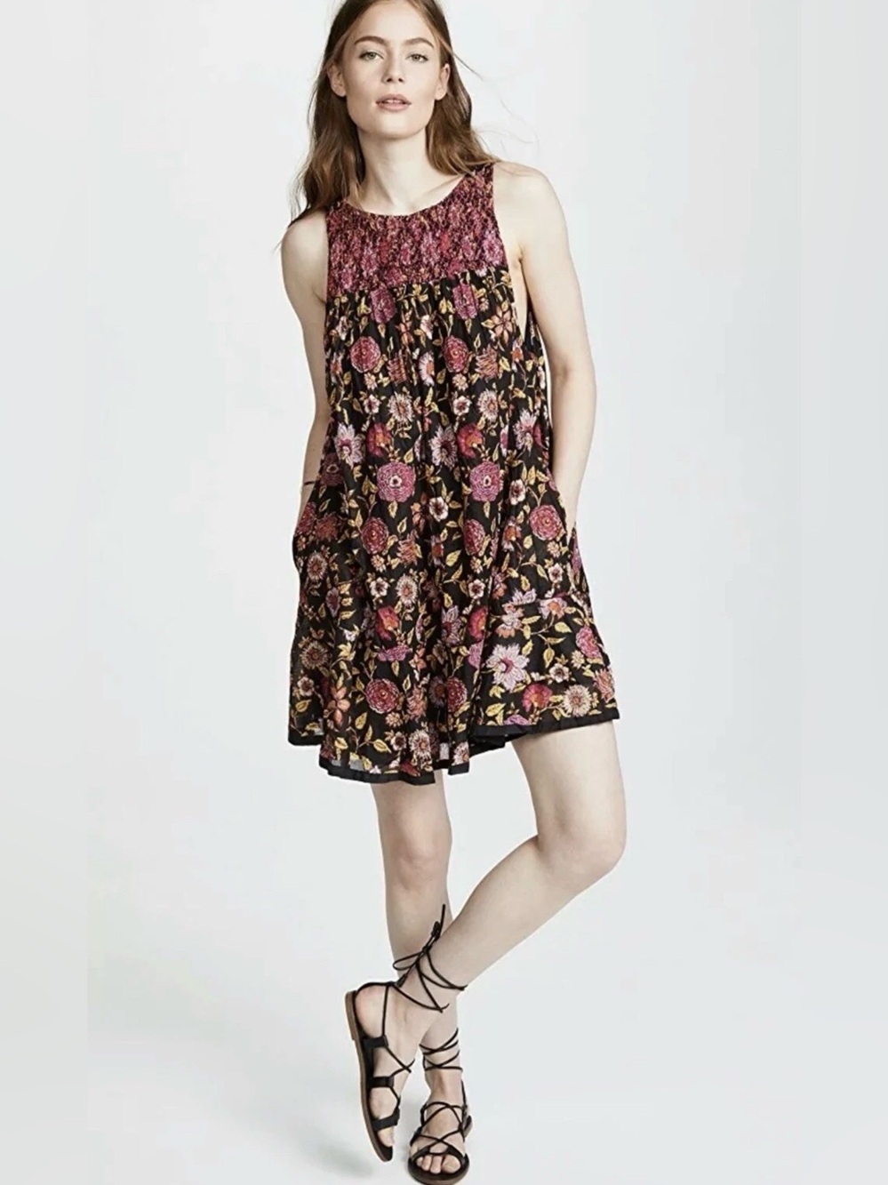 Free People Oh Baby Cotton Floral Printed Dress Retro Boho Large